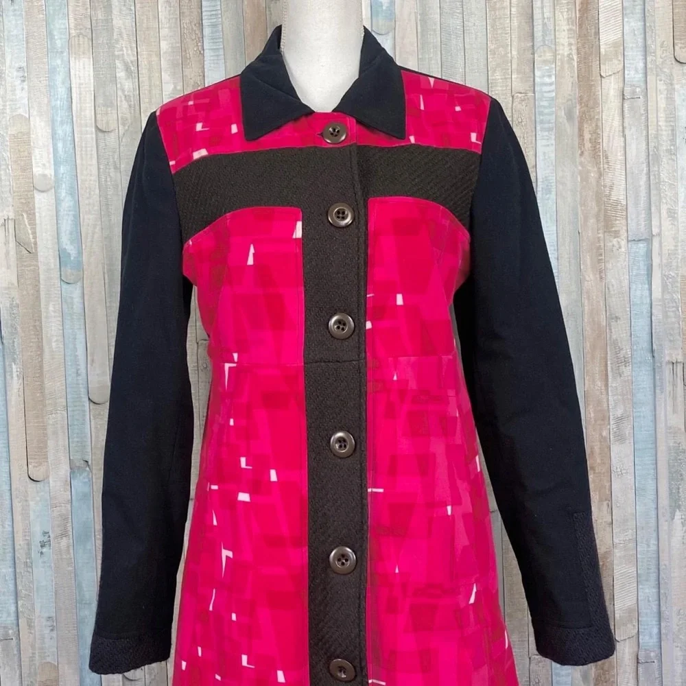Custo Barcelona 10 Bright Pink Mod Geo Printed Pea Coat Jacket Wool Trim - Picture 2 of 6